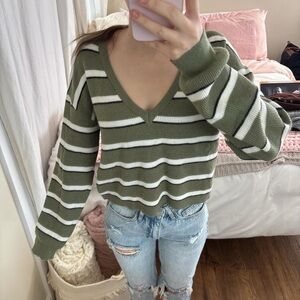 La Hearts Olive and White Striped V-Neck Sweater
